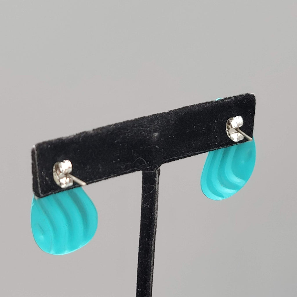Vintage Teal Blue Enamel Pierced Earrings Wavy Tear Drop 1 1/8 in