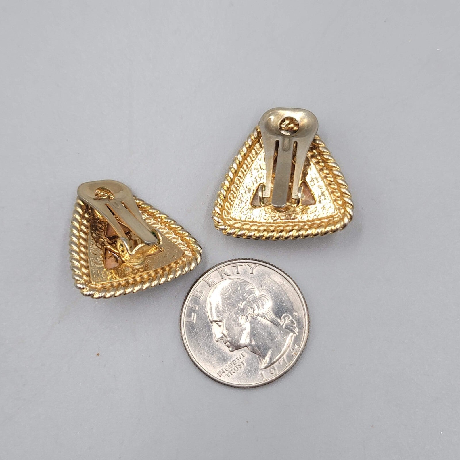 Vintage Triangle Clip on Earrings Gold tone Imitation Stone Center 7/8"