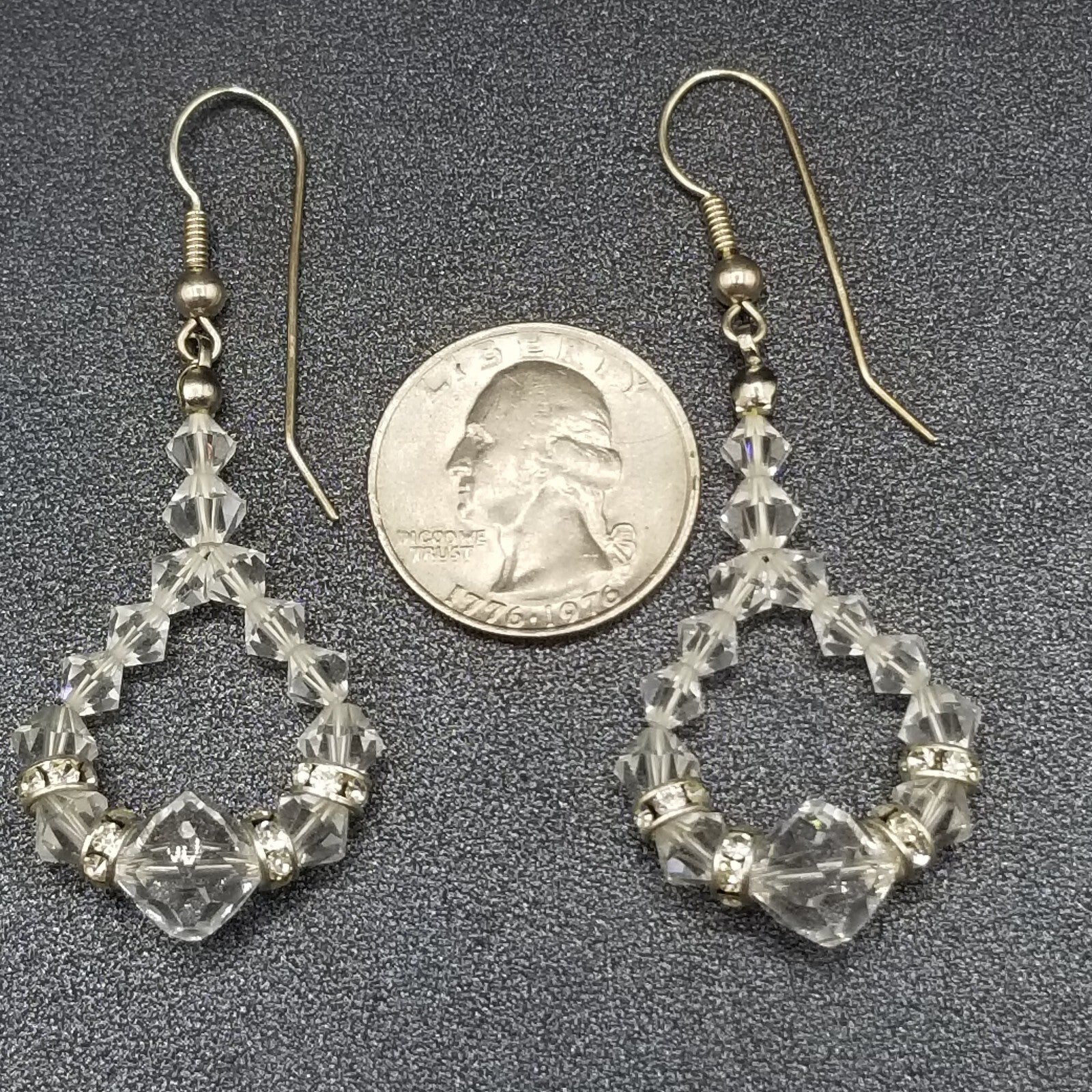 Pierced Earrings Silver tone Faceted Crystal Bead Loop Statement Dangle 1 5/8"