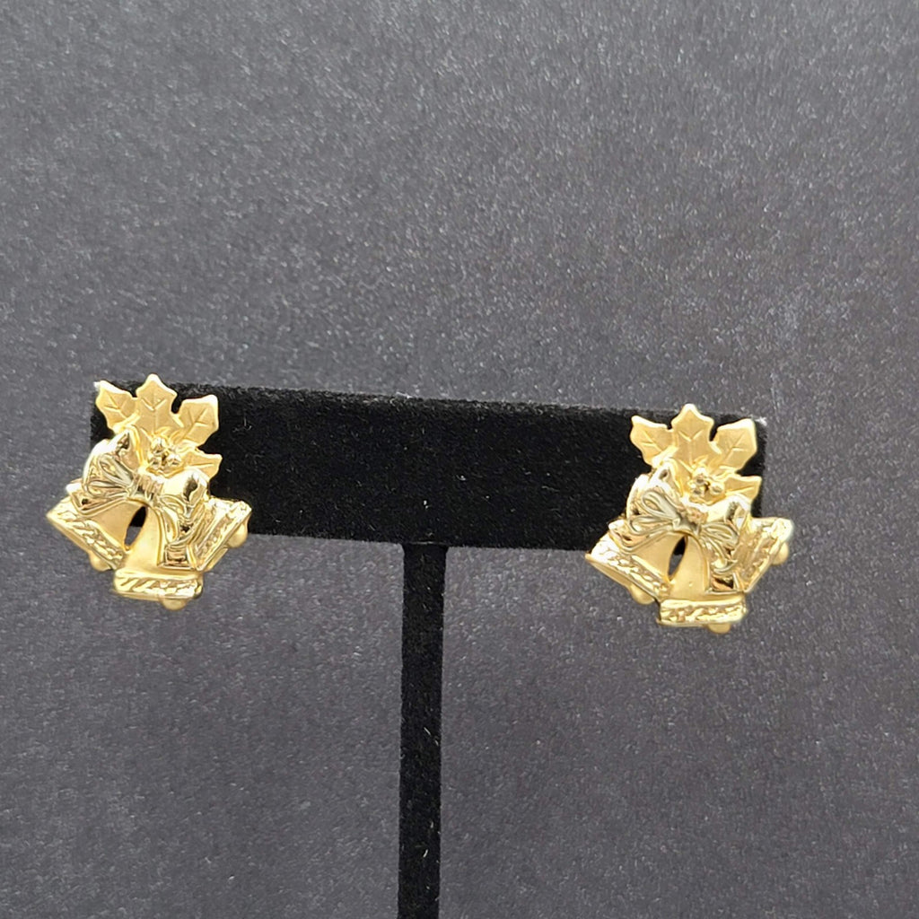 Christmas Bells Pierced Earrings Gold tone Holly Drop 7/8"