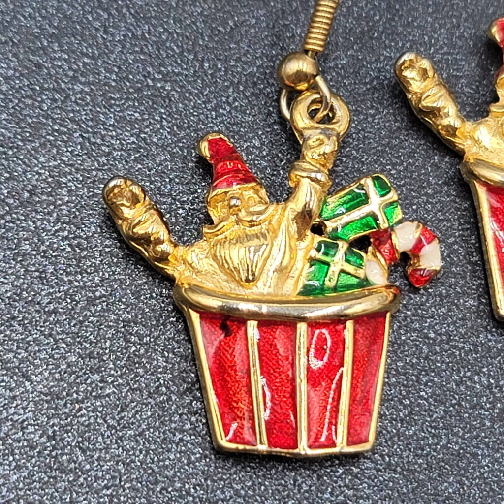 Christmas Pierced Earrings Gold Plated Presents Santa Candy Cane Dangle 1 1/8"