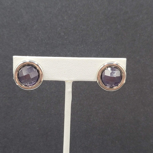 Clip on Earrings Silver tone Purple Faceted Round Stud 5/8"