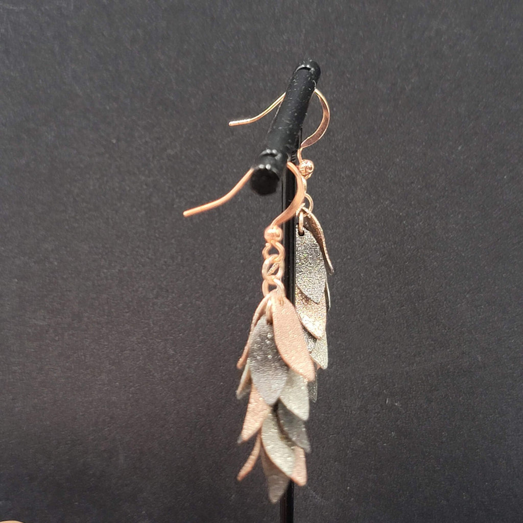 Pierced Earrings Tricolor Gunmetal Silver Rose Gold Dangle Leaves 1 5/8"