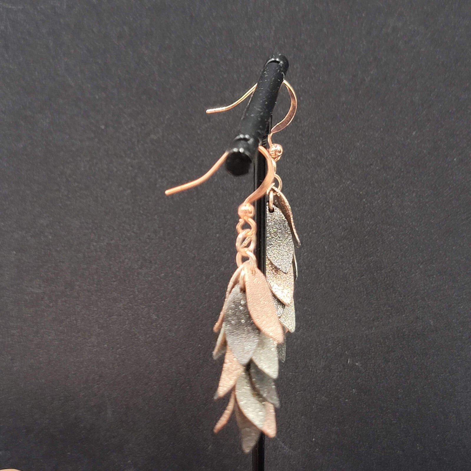 Pierced Earrings Tricolor Gunmetal Silver Rose Gold Dangle Leaves 1 5/8"