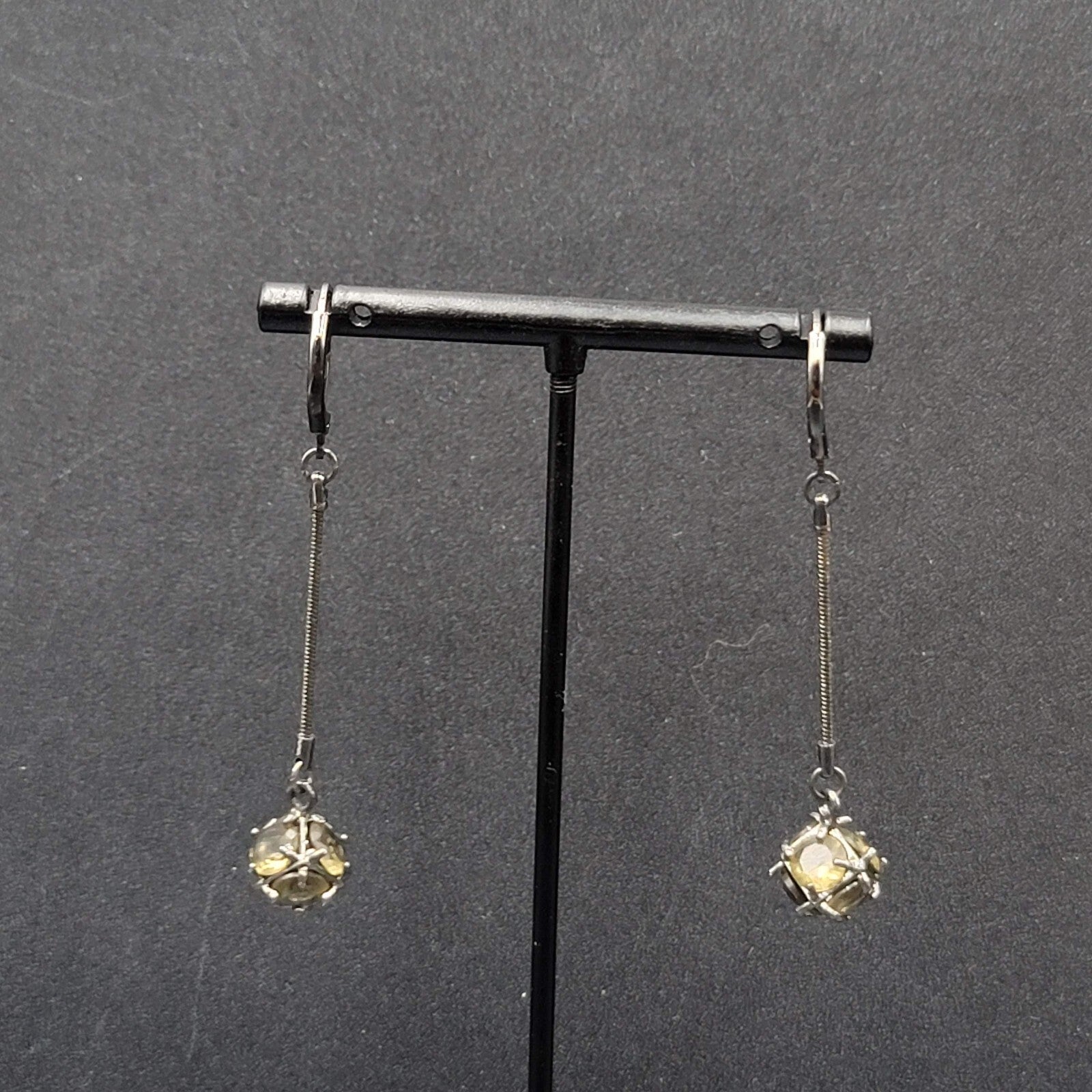 Pierced Earrings Black Metal Green Stone Sphere Dangle Chain 1.75"