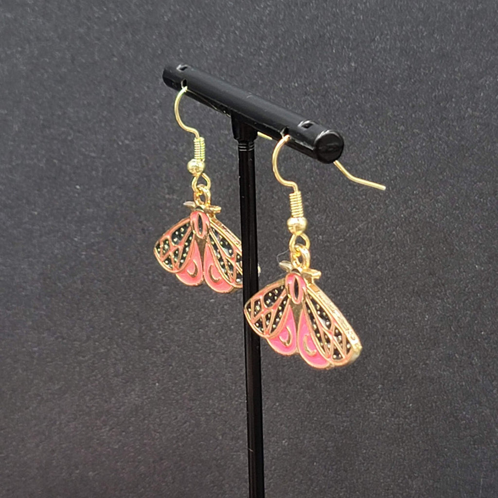 Moth Pierced Earrings Gold tone Pink Black Moons Enamel Dangle 5/8"
