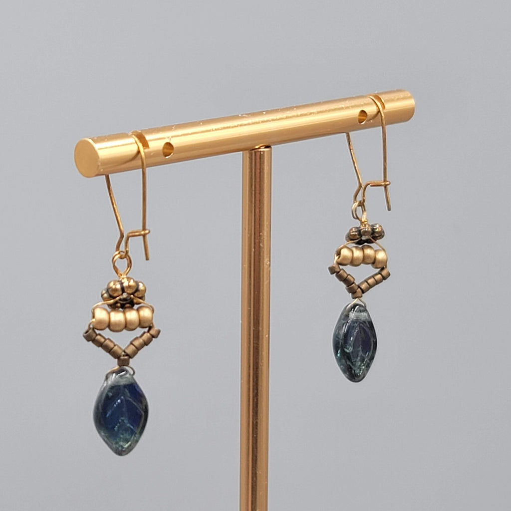 Glass Leaf Iridescent Pierced Earrings Beaded Copper tone Dangle 1"