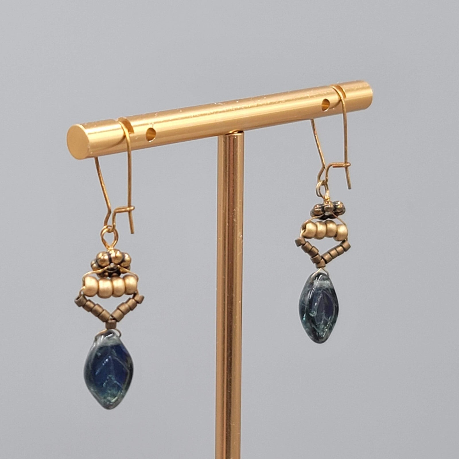 Glass Leaf Iridescent Pierced Earrings Beaded Copper tone Dangle 1"