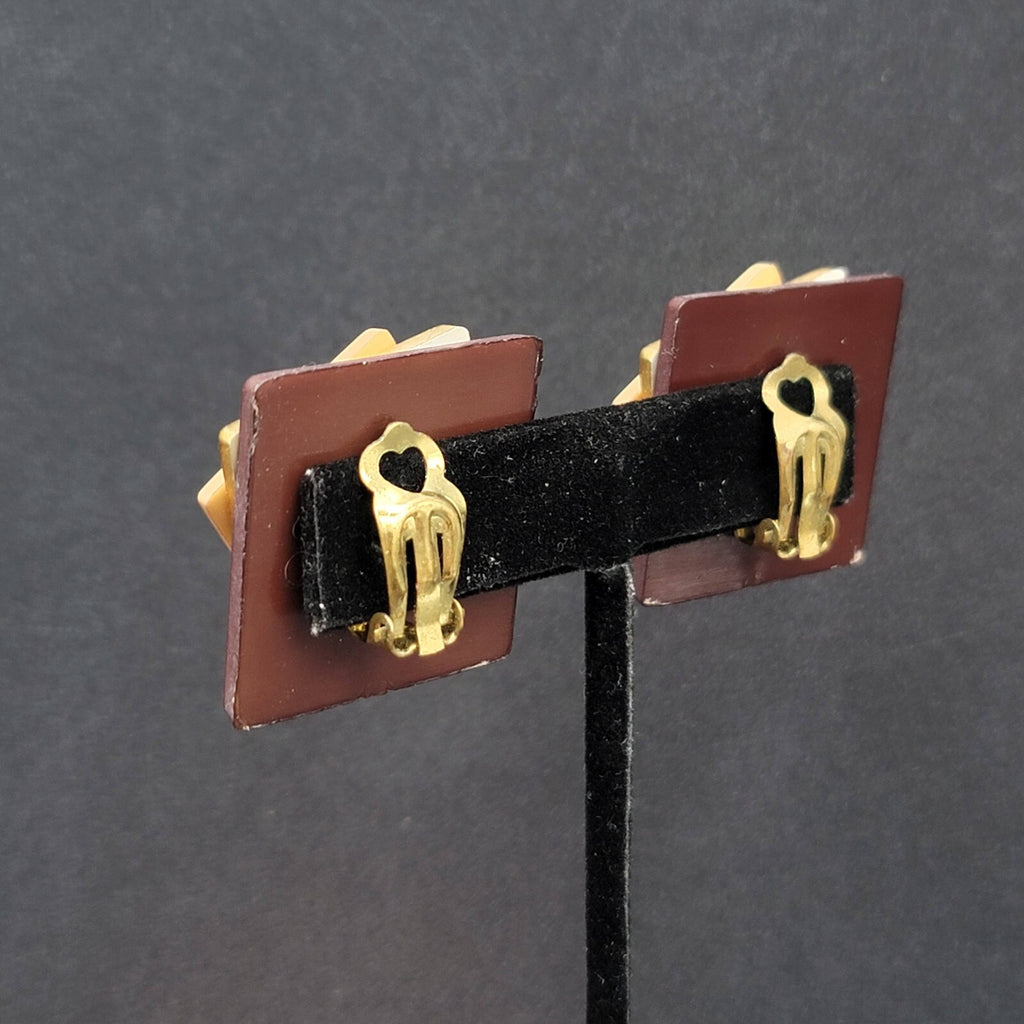 Vintage Clip on Earrings Plastic Layered Squares Brown Tan 1.25"