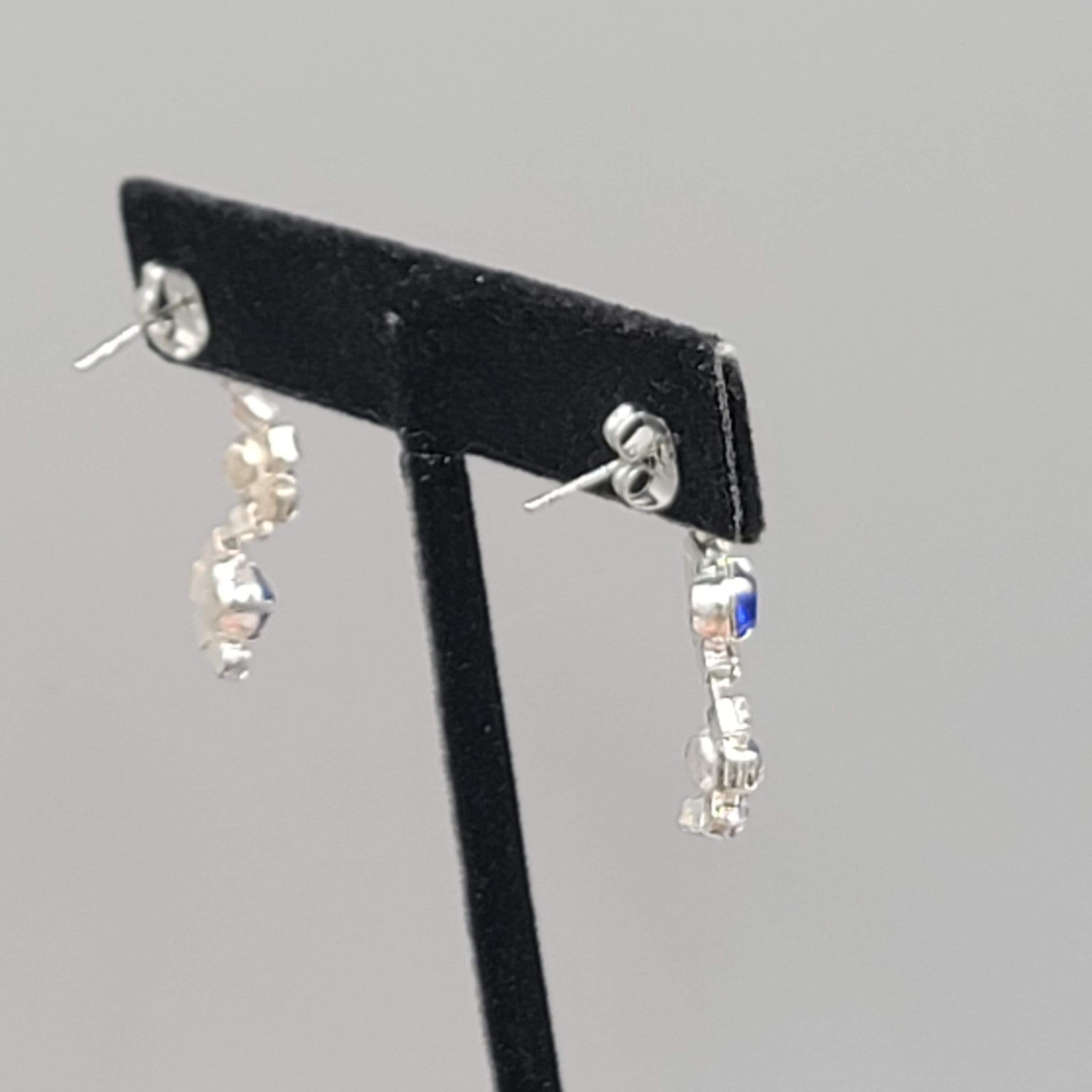 Blue Rhinestone Dangle Pierced Earrings Silver tone 1 1/8"