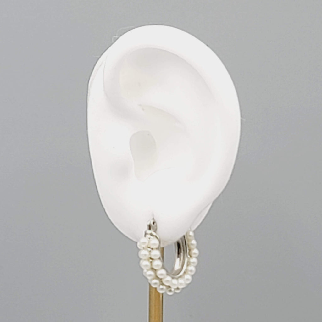 Hoop Pierced Earrings White Beaded Hoops Silver tone 3/4"