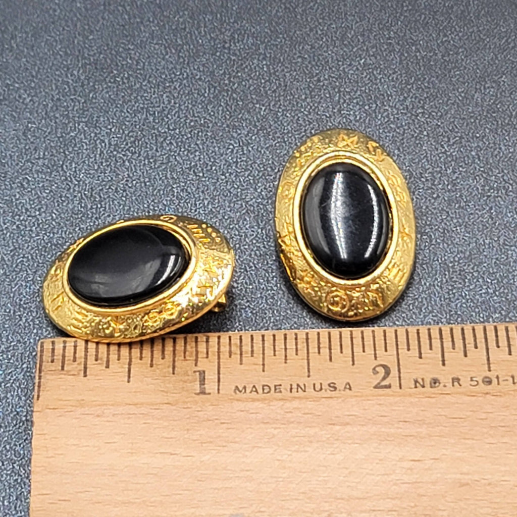 Vintage Runes Clip on Earrings Gold Plated Black Oval 1 1/8"