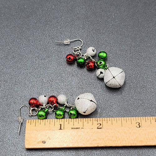 Christmas Pierced Earrings Green Red Silver Glitter Bells Dangle 2"