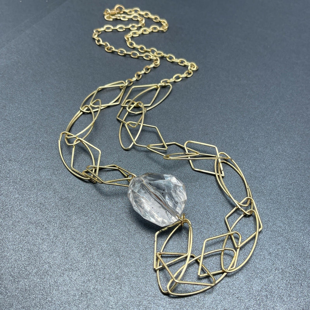 Gold tone Large Link Clear Acrylic Bead Statement Necklace 34" Estate Jewelry