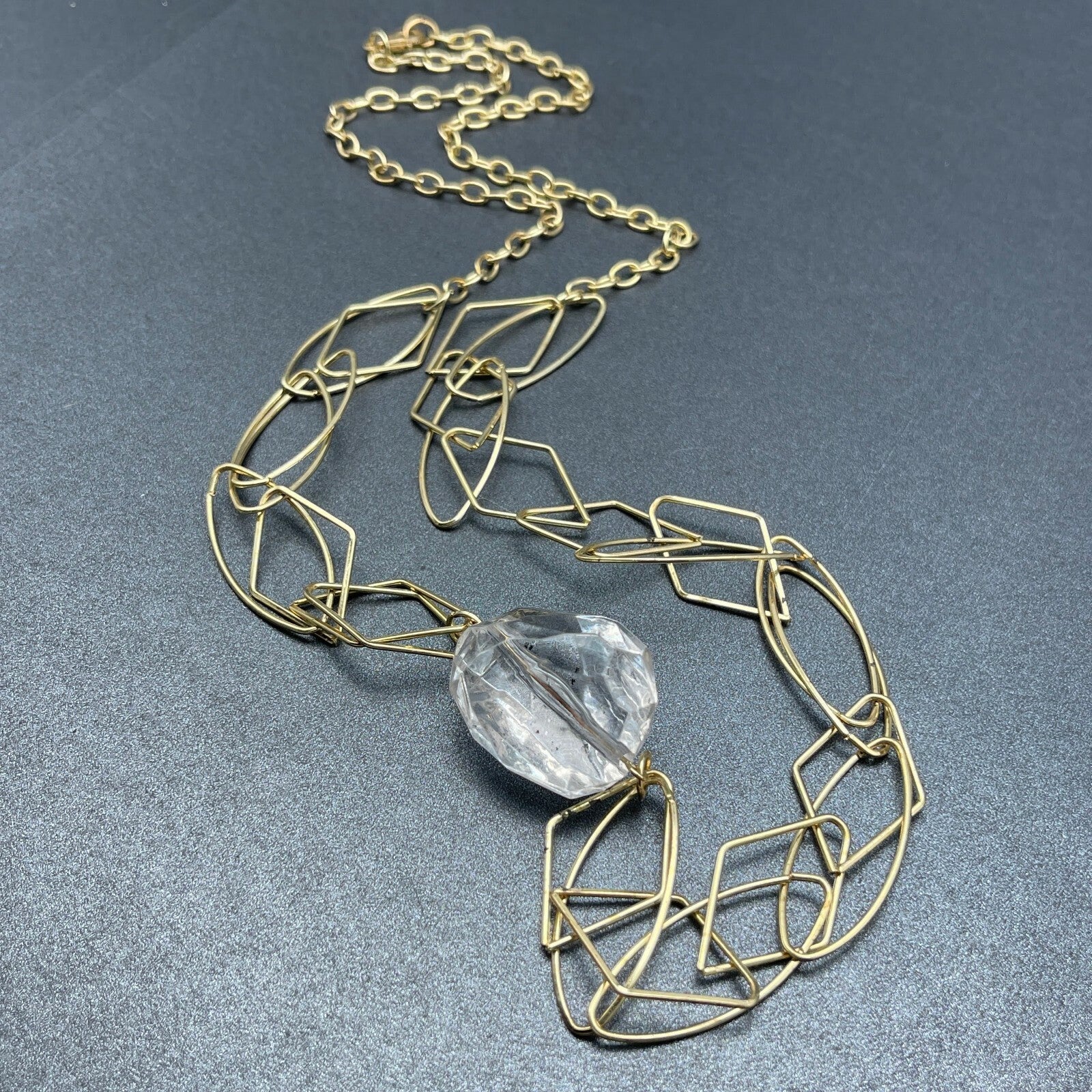 Gold tone Large Link Clear Acrylic Bead Statement Necklace 34" Estate Jewelry