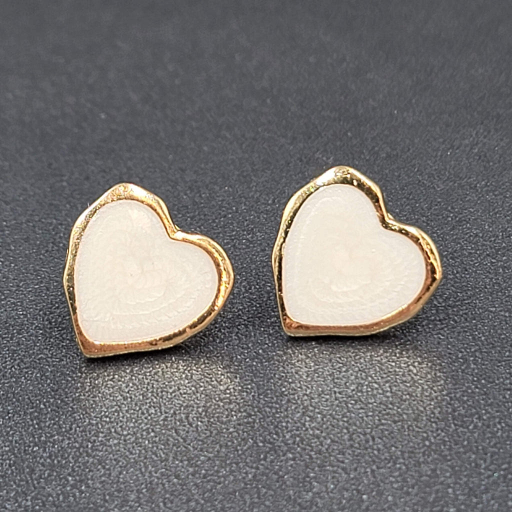 White Heart Pierced Earrings Enamel Gold tone Studs  5/8"