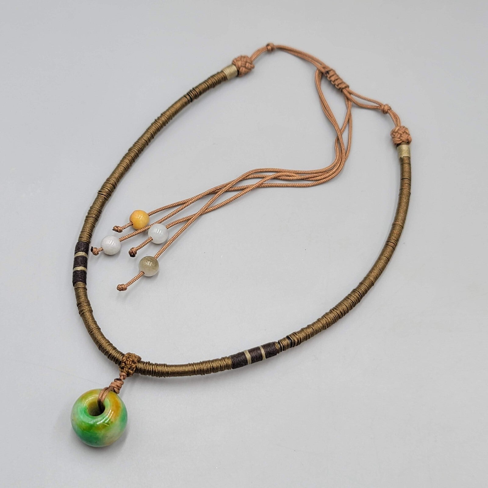 Artisan Green Yellow Stone  Bead Pendant Boho Necklace Adjustable Thread Wrapped
