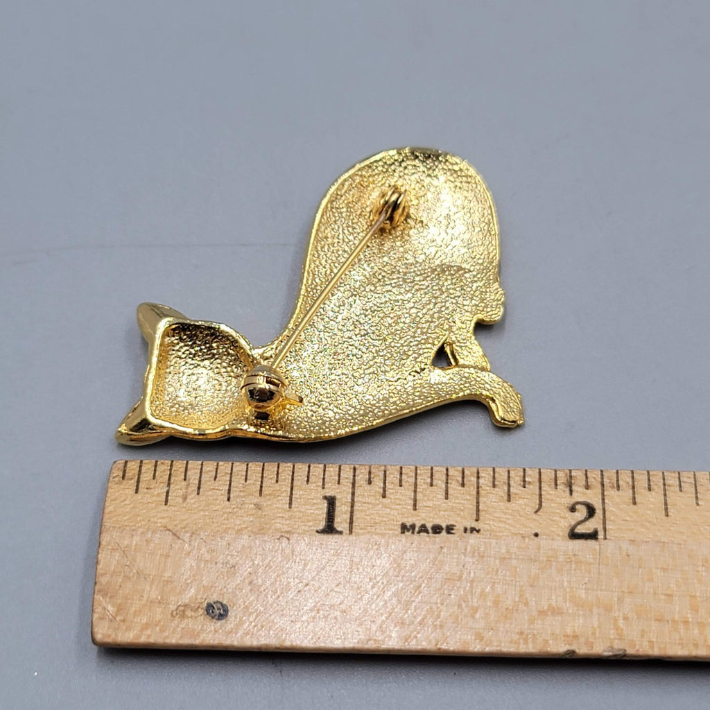Vintage Enamel Kitty Cat Brooch Gold tone 1.5 in