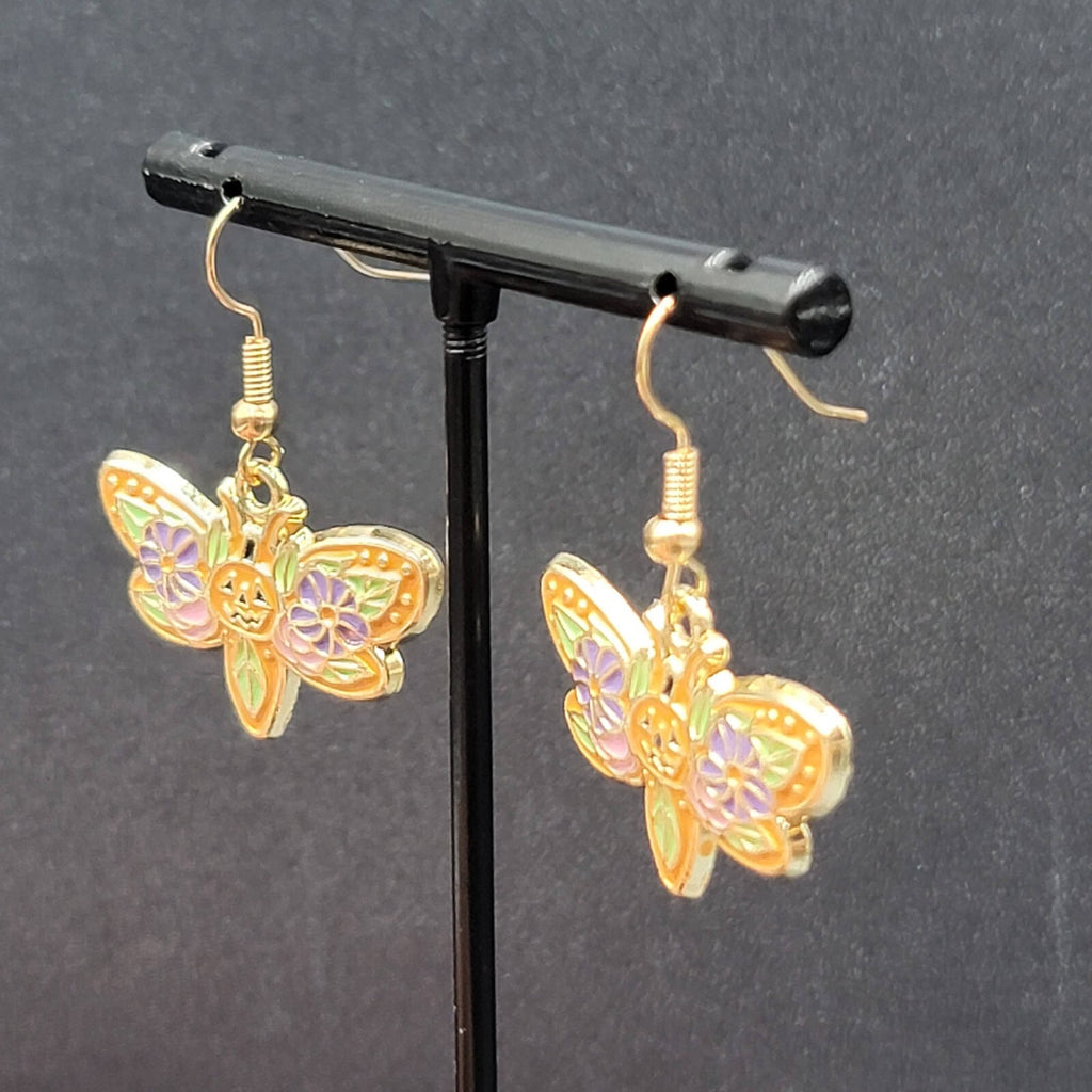 Halloween Moth Pierced Earrings Jack o Lantern Flowers Gold tone Dangle 3/4"