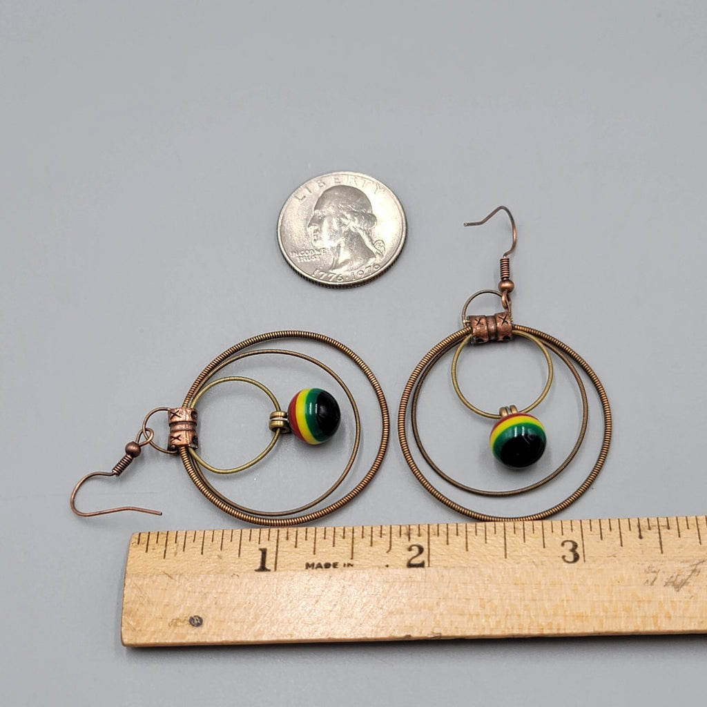Guitar String Pierced Earrings Copper tone Multicolor Bead Dangle 1.75"