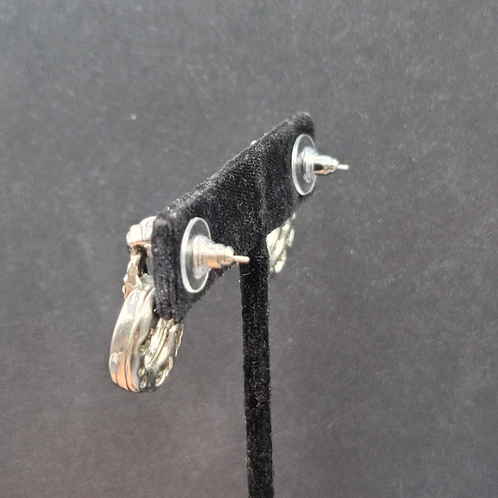 Pierced Earrings Silver tone Black Enamel Rhinestone Drop 1"