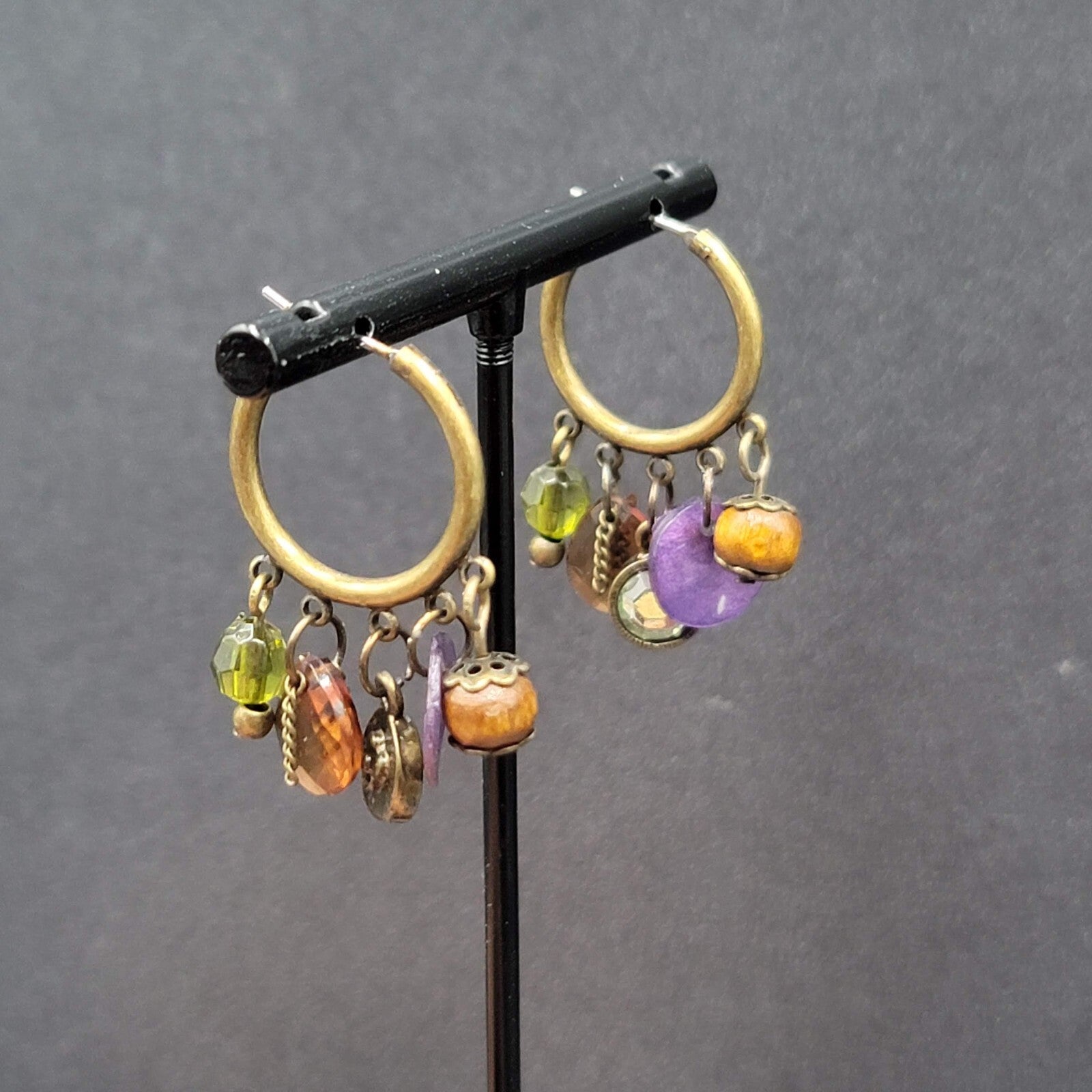 Pierced Earrings Green tone Green Orange Purple Beads Hoops 1.25"