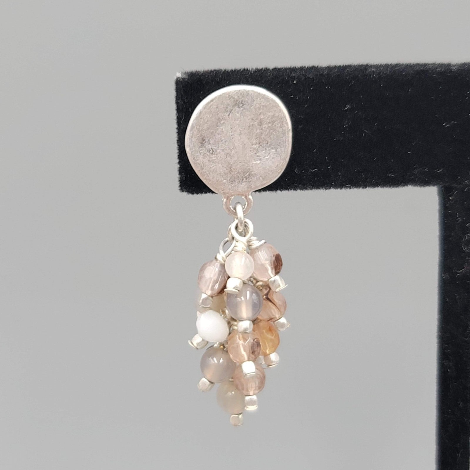 Pierced Earrings Silver tone Dangle Cluster Glass Beads Neutral Colors 1.5"