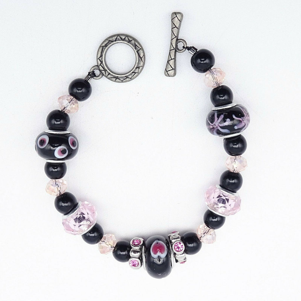 Pink Black Bead Slide Bracelet Silver tone Estate Costume 7.75"