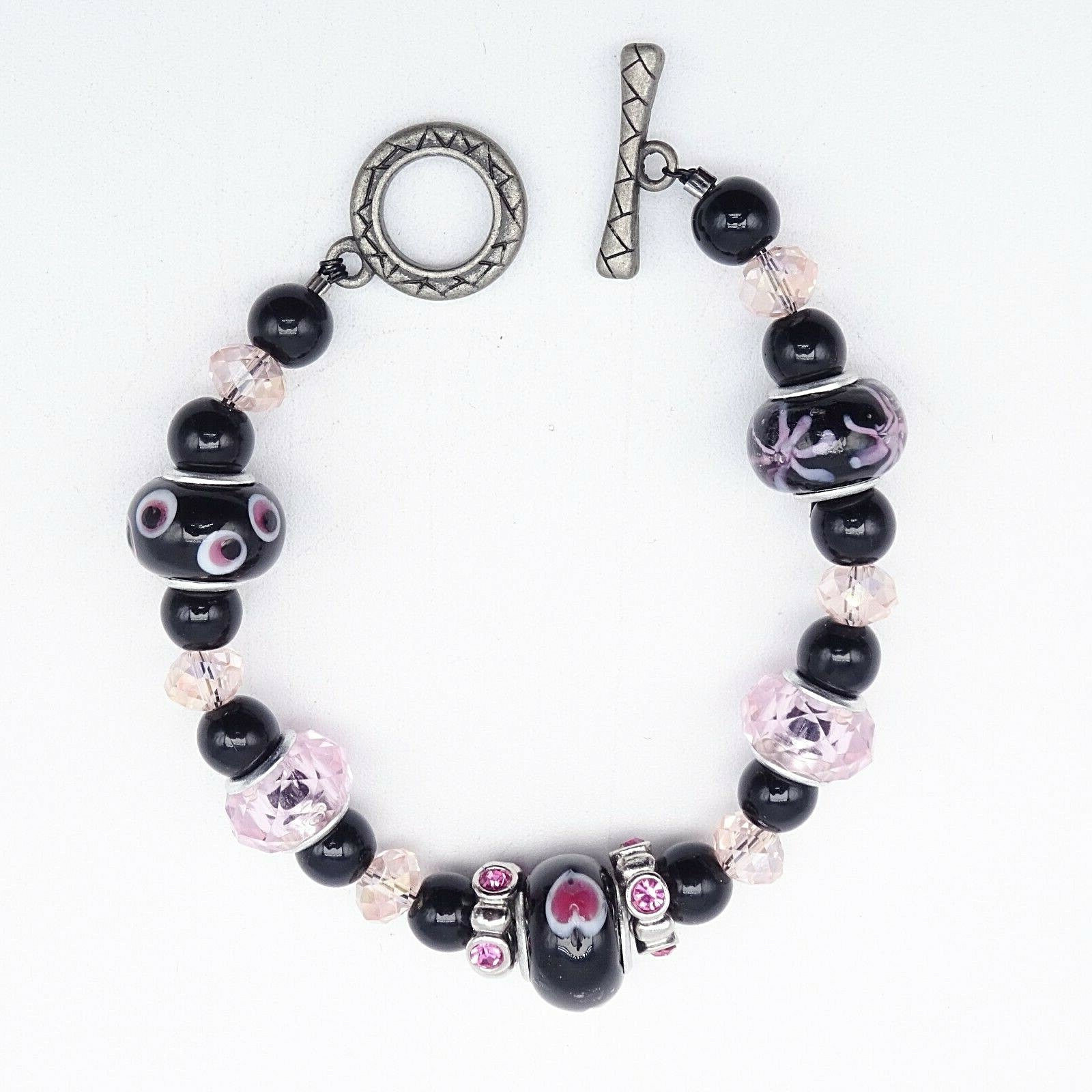 Pink Black Bead Slide Bracelet Silver tone Estate Costume 7.75"