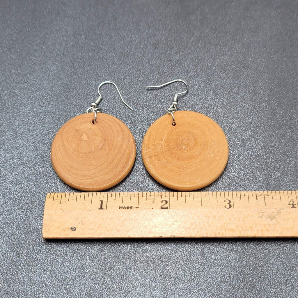 Pierced Earrings Silver tone Real Wood Discs Dangle Boho 1.5"