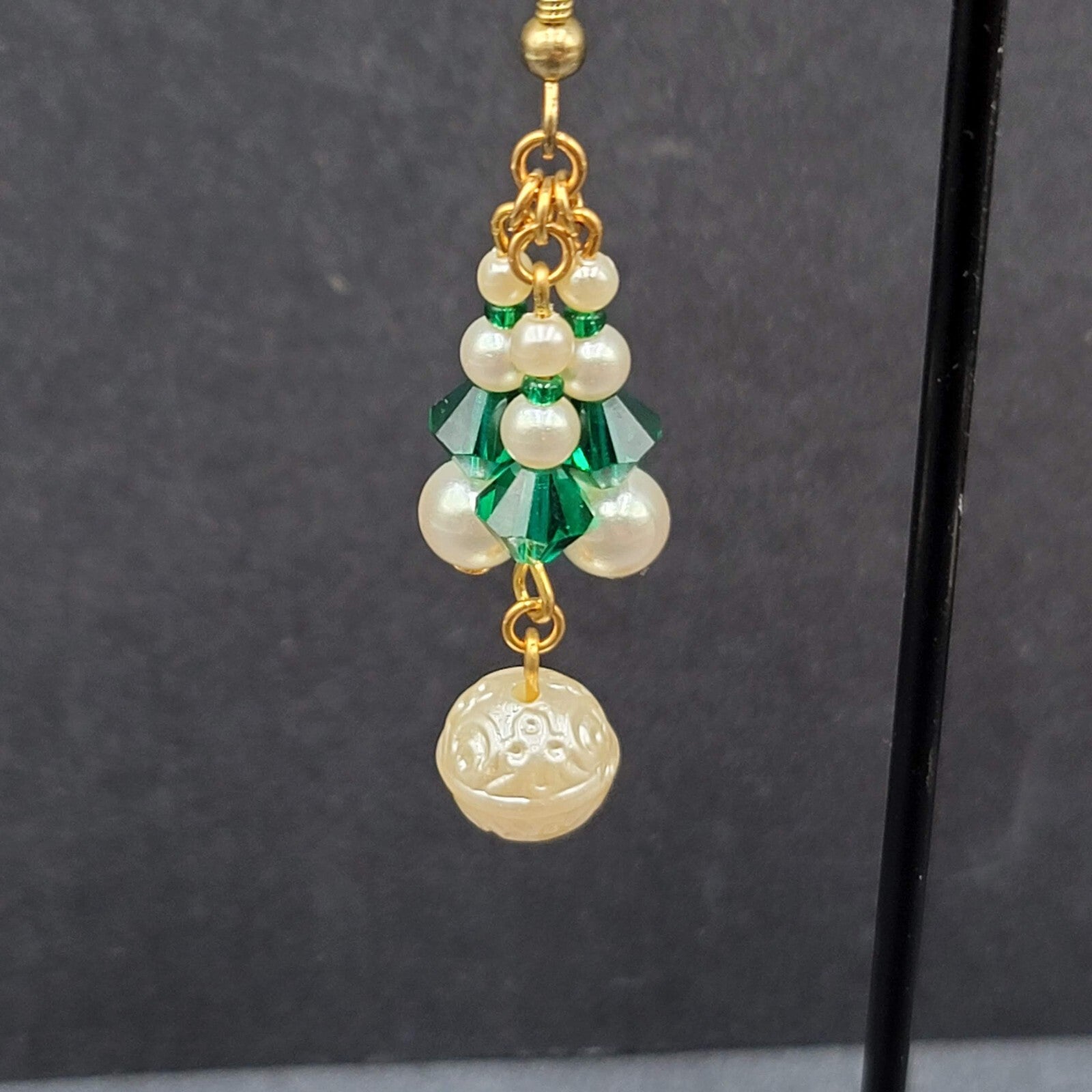 Vintage Pierced Earrings Faux Pearl Green Crystal Beads Dangle 1.5"