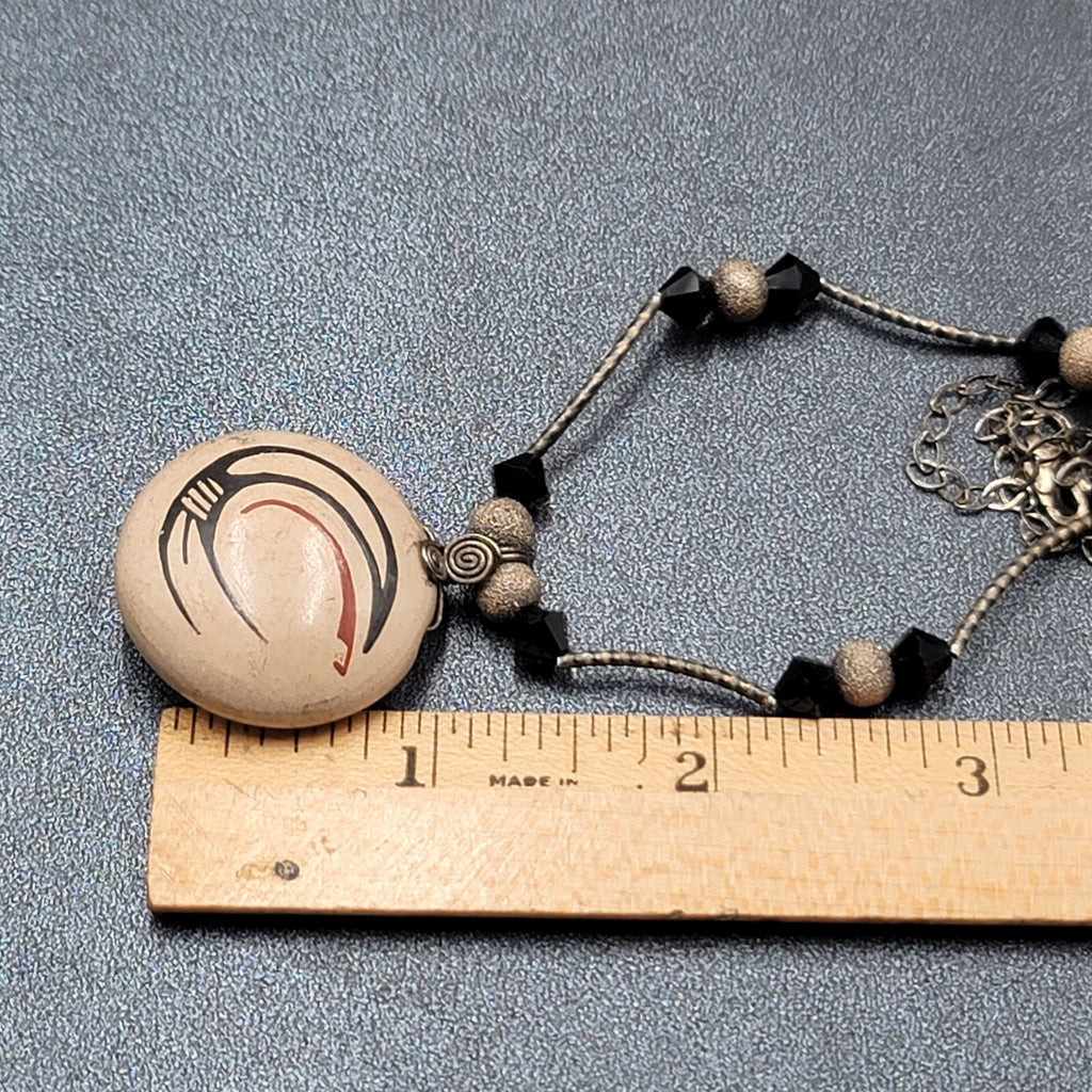 Rosy Mora Mexican Hand Painted Pottery Pendant Necklace 16" Sterling Silver