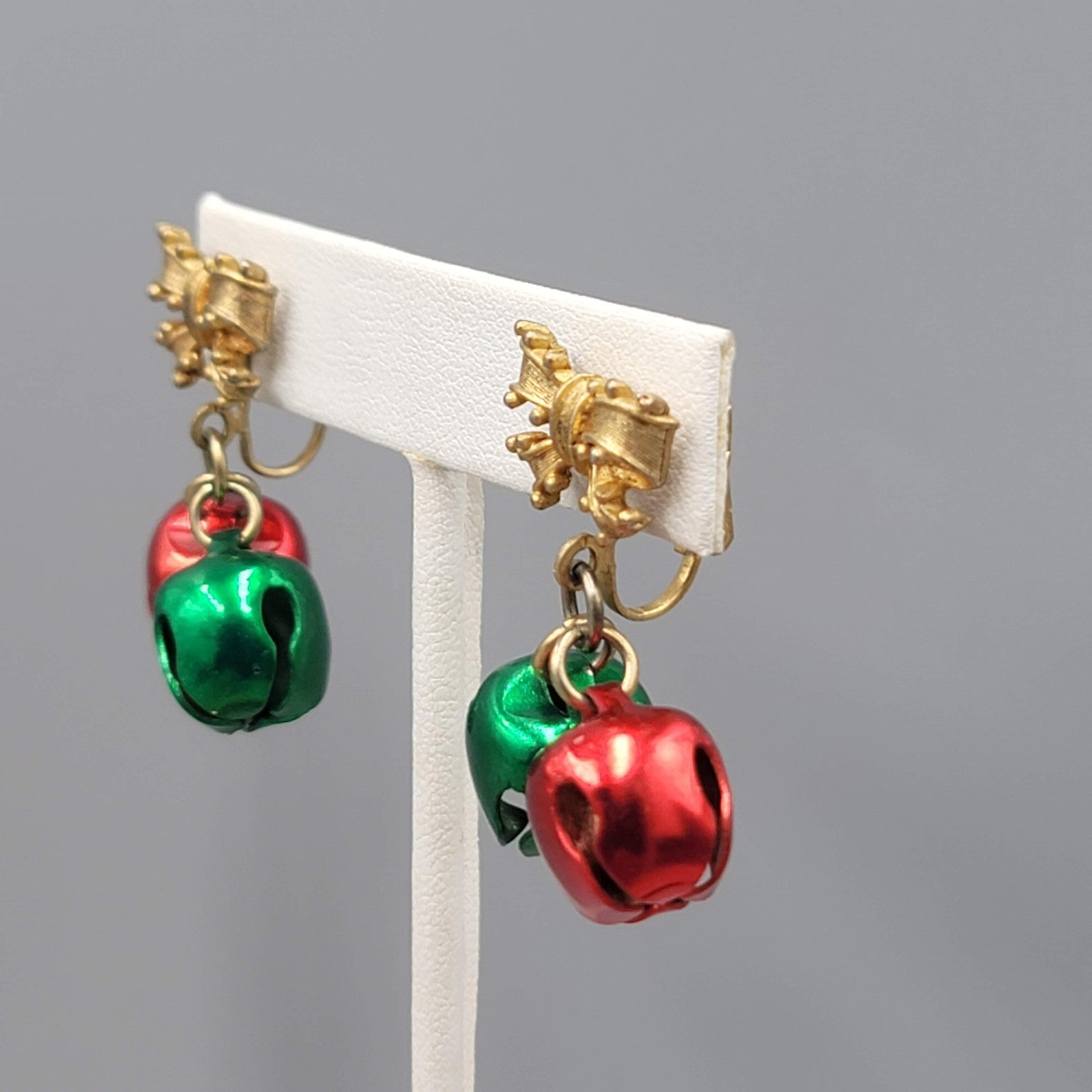 Vintage Christmas Bow Bells Clip on Earrings Gold tone Dangle 1.5"