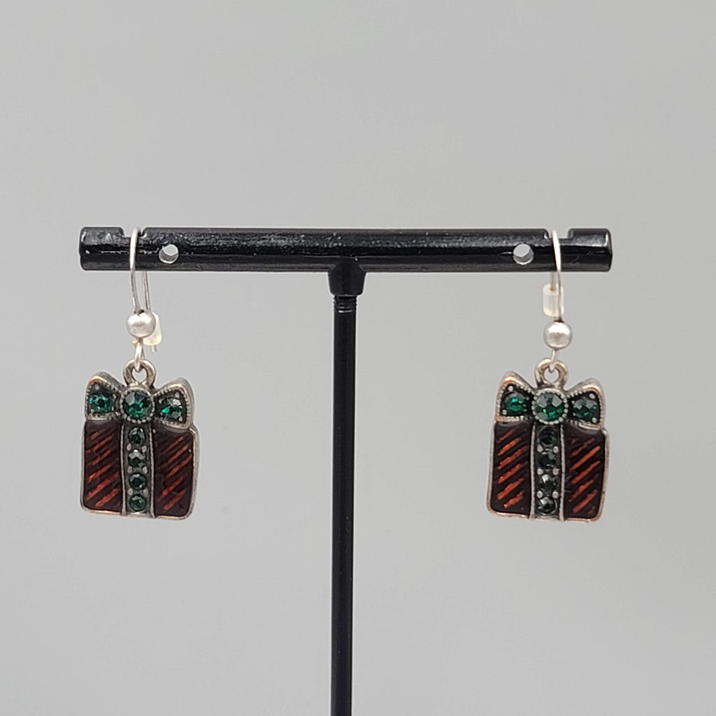 Christmas Present Pierced Earrings Enamel Rhinestone Silver tone Dangle 3/4"
