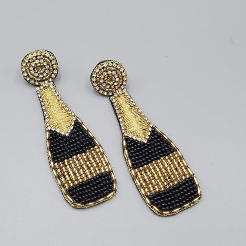 Champagne Bottle Pierced Earrings Seed Bead Felt Long Statement 3.25"