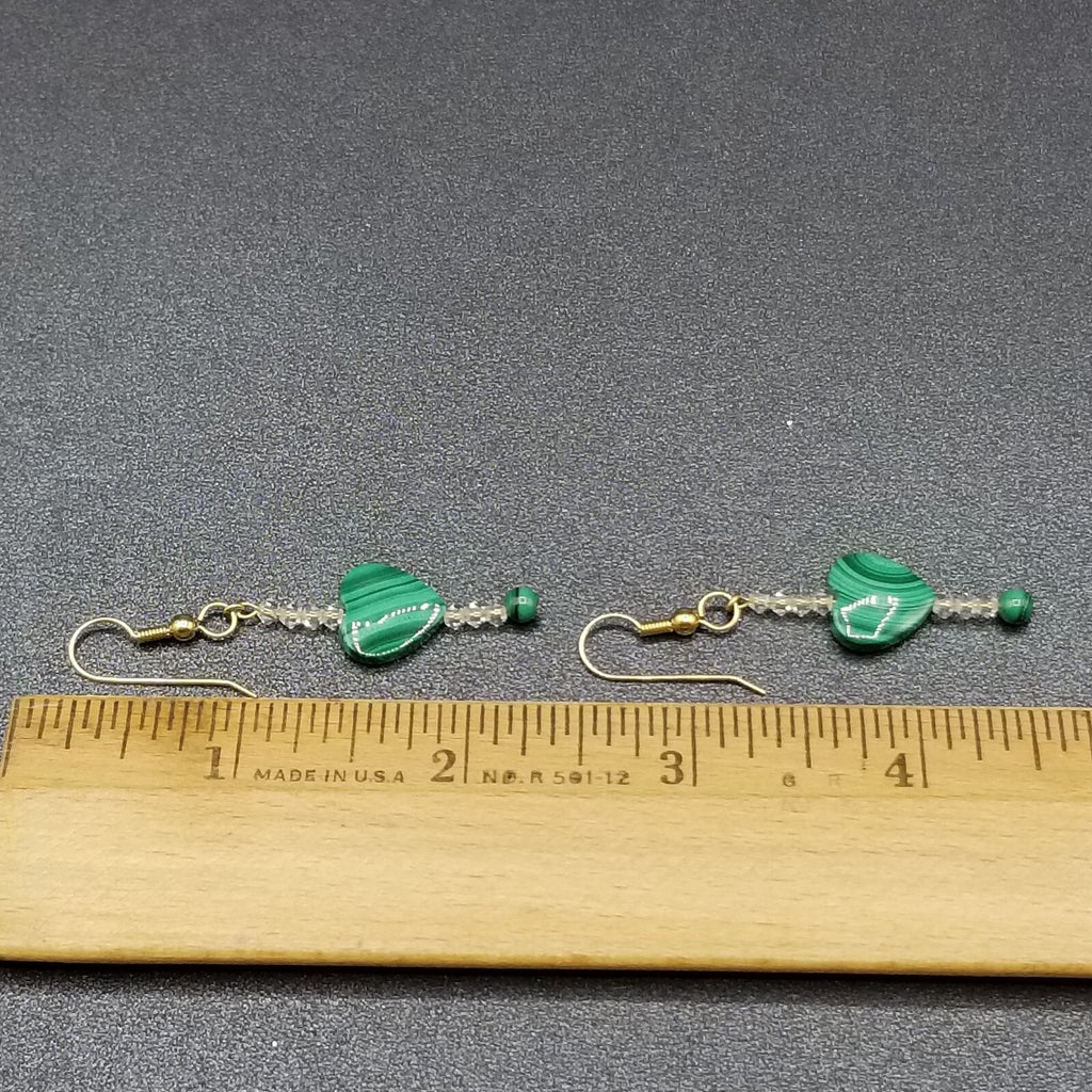 Pierced Earrings Gold tone Green Malachite Heart Crystal Beaded Dangle 1 3/8"