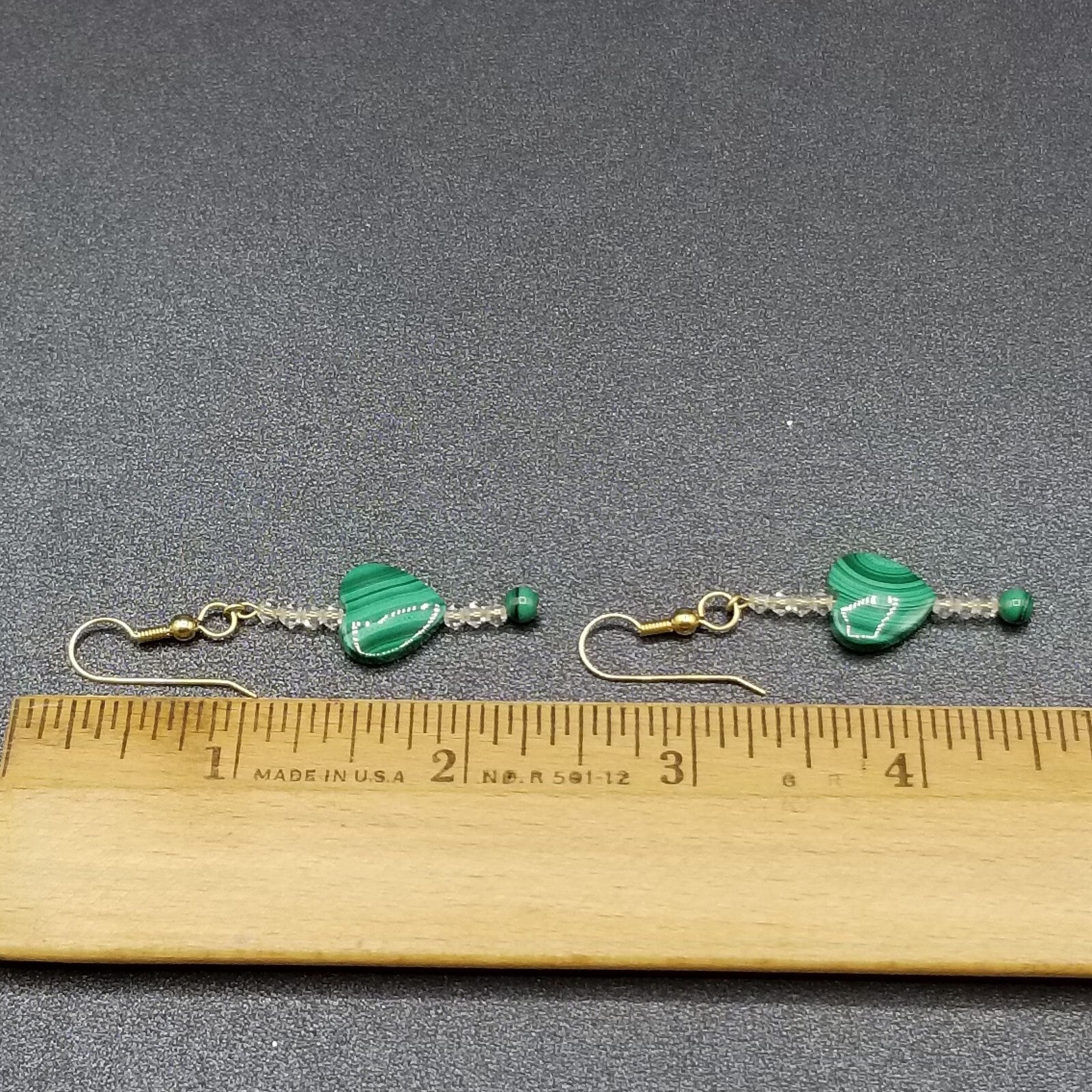 Pierced Earrings Gold tone Green Malachite Heart Crystal Beaded Dangle 1 3/8"