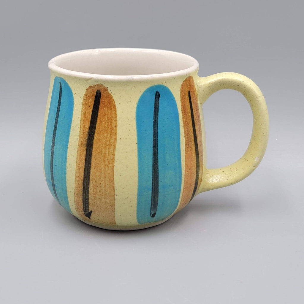 Vintage Small Stoneware Coffee Mug Blue Yellow 8 oz
