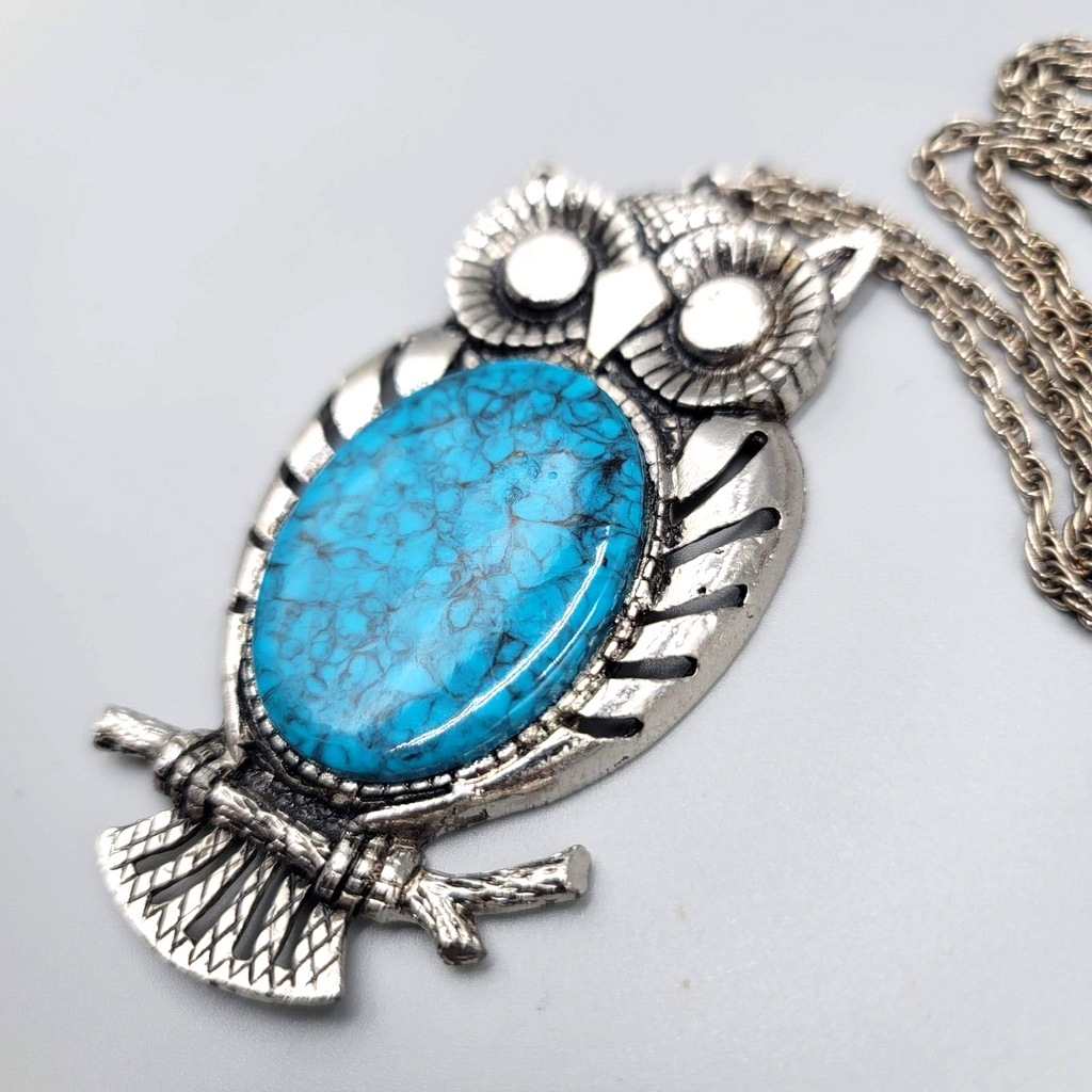 Vintage Owl Necklace Silver tone Blue Speckle Acrylic Large 3.5" Pendant 24" L