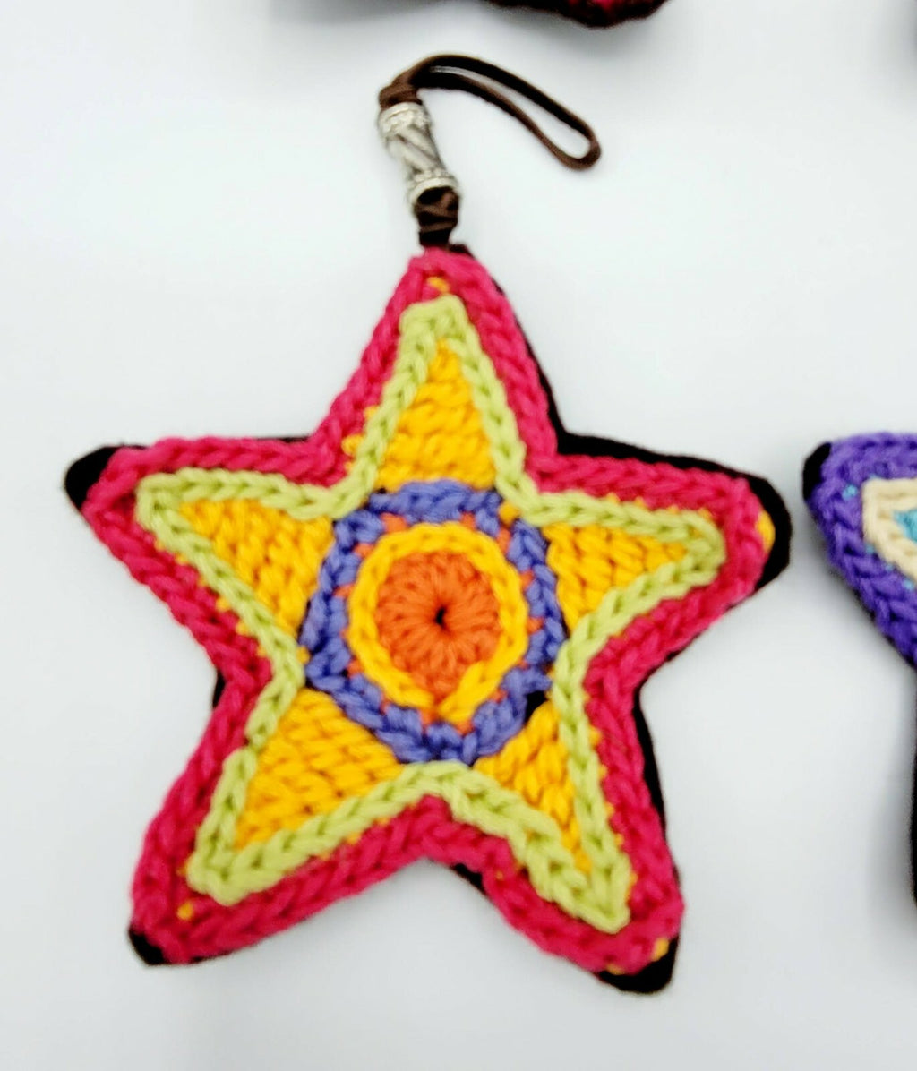 Crochet Knit Star Ornaments Lot of 4 Multi color Felt Back Leather hanger 4 in
