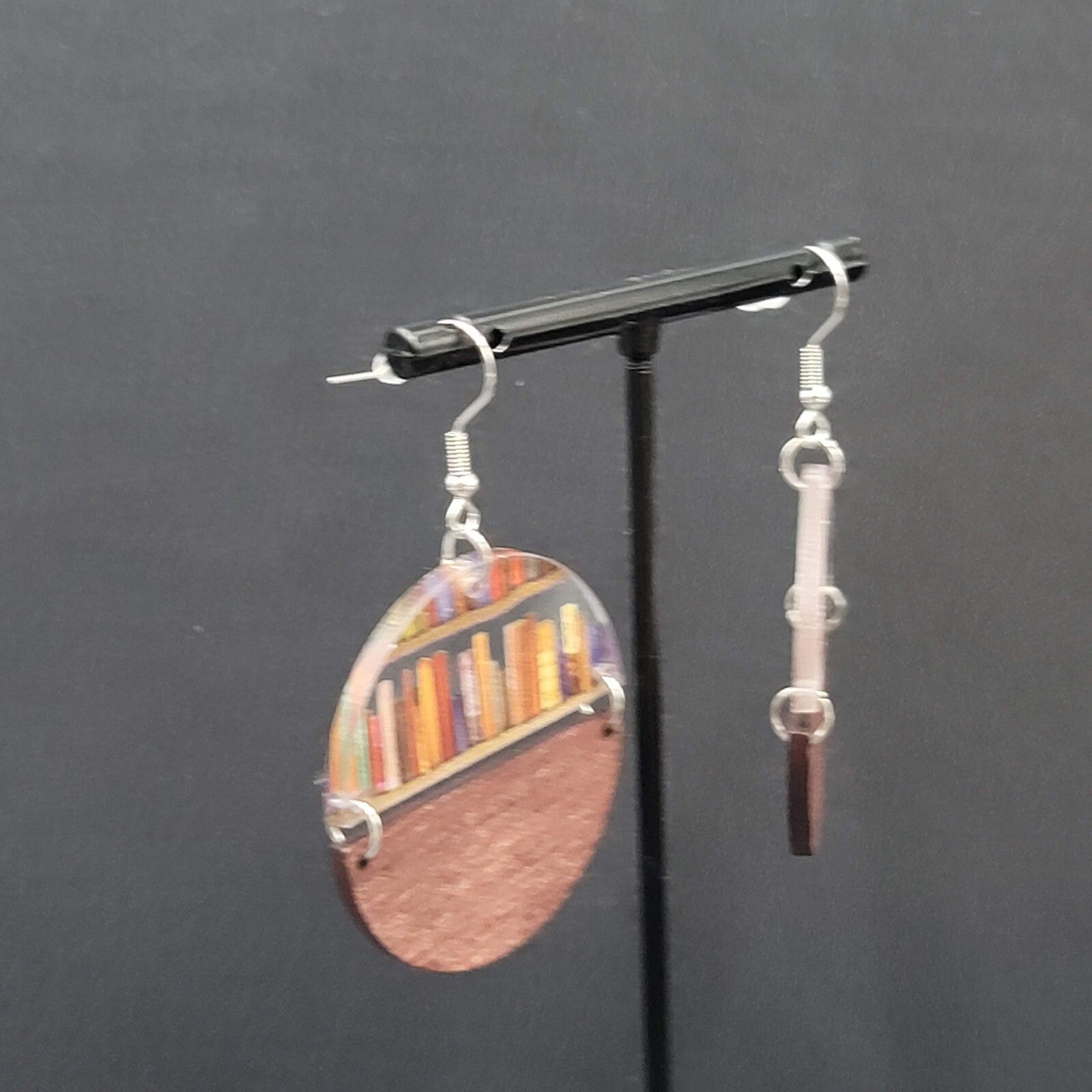 Pierced Earrings Wood and Resin Book Lovers Shelf Modernist Dangle 1 5/8"