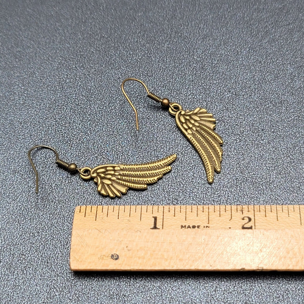 Feather Wings Pierced Earrings Bronze tone Metal Embossed Dangle 1 1/8"
