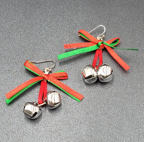 Christmas Holiday Pierced Earrings Ribbon Jingle Bells 1.5"