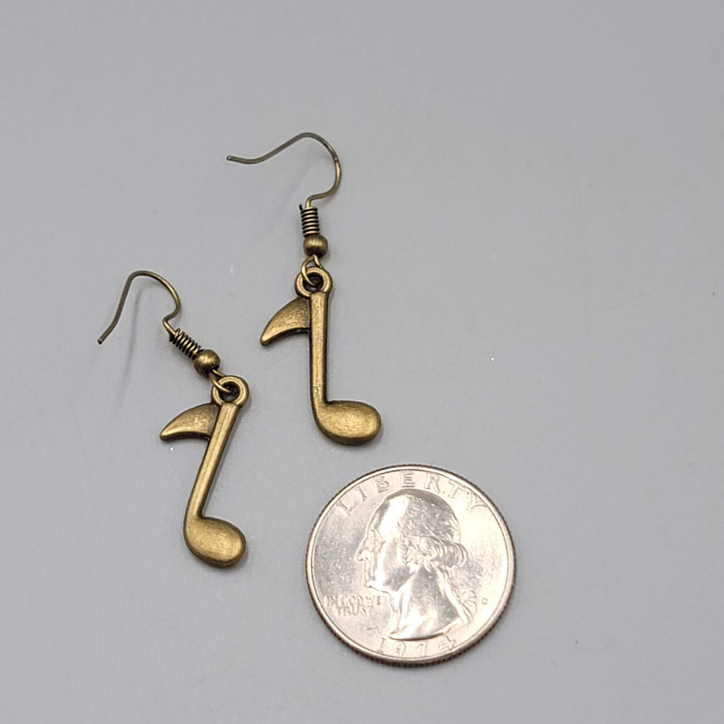 Music Eighth Note Pierced Earrings Bronze tone Dangle 7/8"