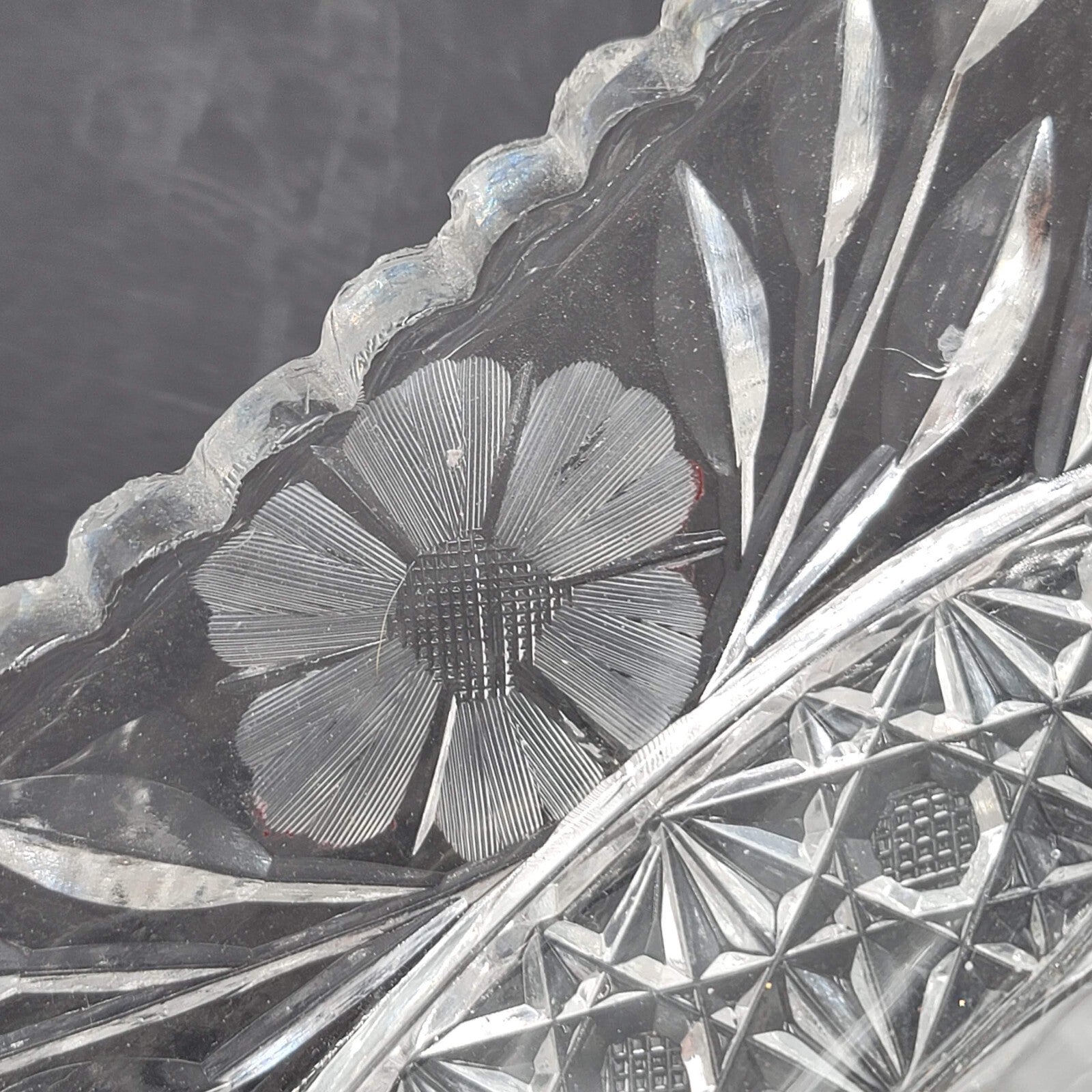 Brilliant Cut Glass Celery Dish Floral Saw Tooth Rim Flower Daisy 8 in