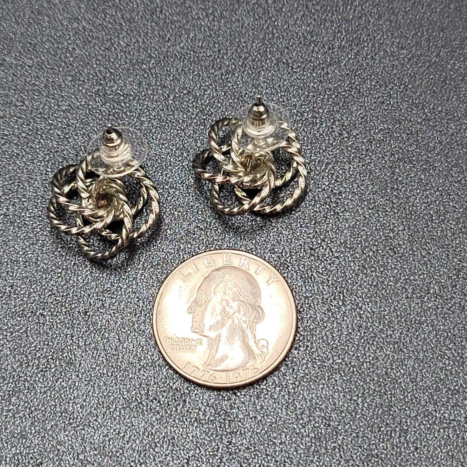 Vintage Pierced Earrings Silver tone Wire Knot Studs Rhinestone Center 3/4"