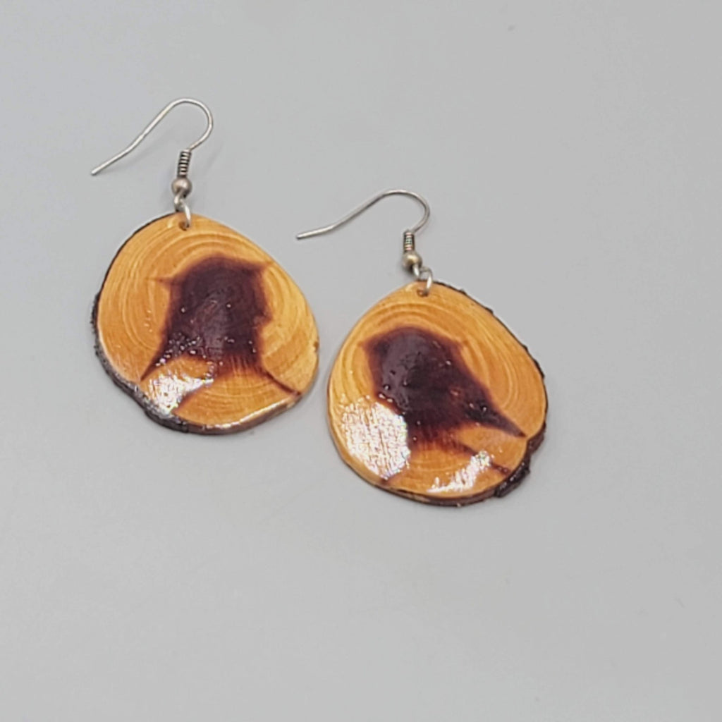 Live Edge Wood Round Pierced Earrings Clear Finish Dangle  1.5"