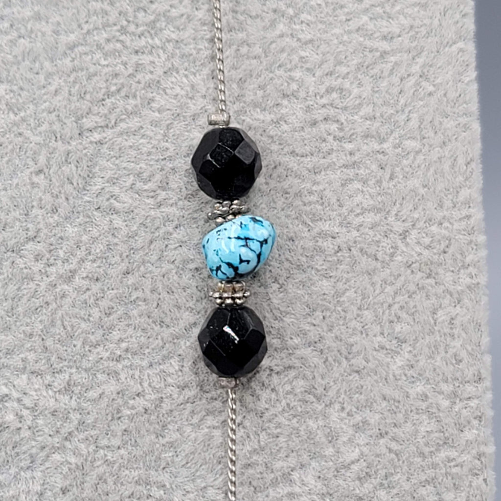 Black Bead Blue Stone Long Station Necklace Silver tone 30 in