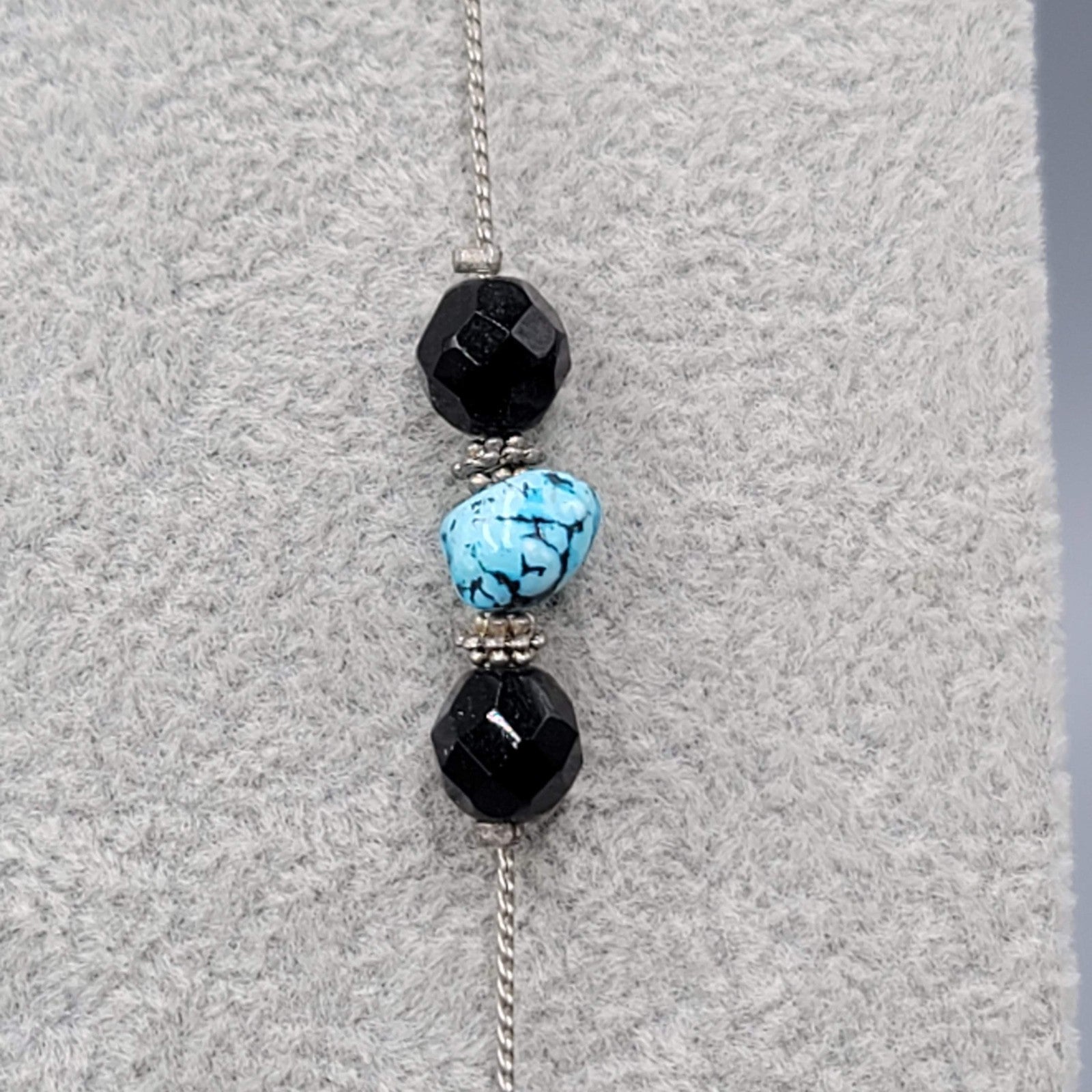 Black Bead Blue Stone Long Station Necklace Silver tone 30 in