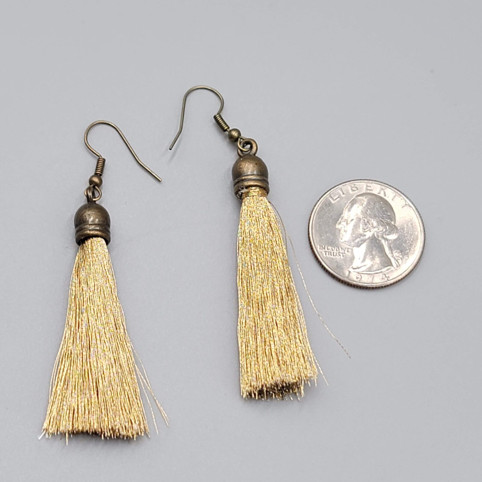 Tassel Pierced Earrings Bronze tone Gold Thread Dangle 2"